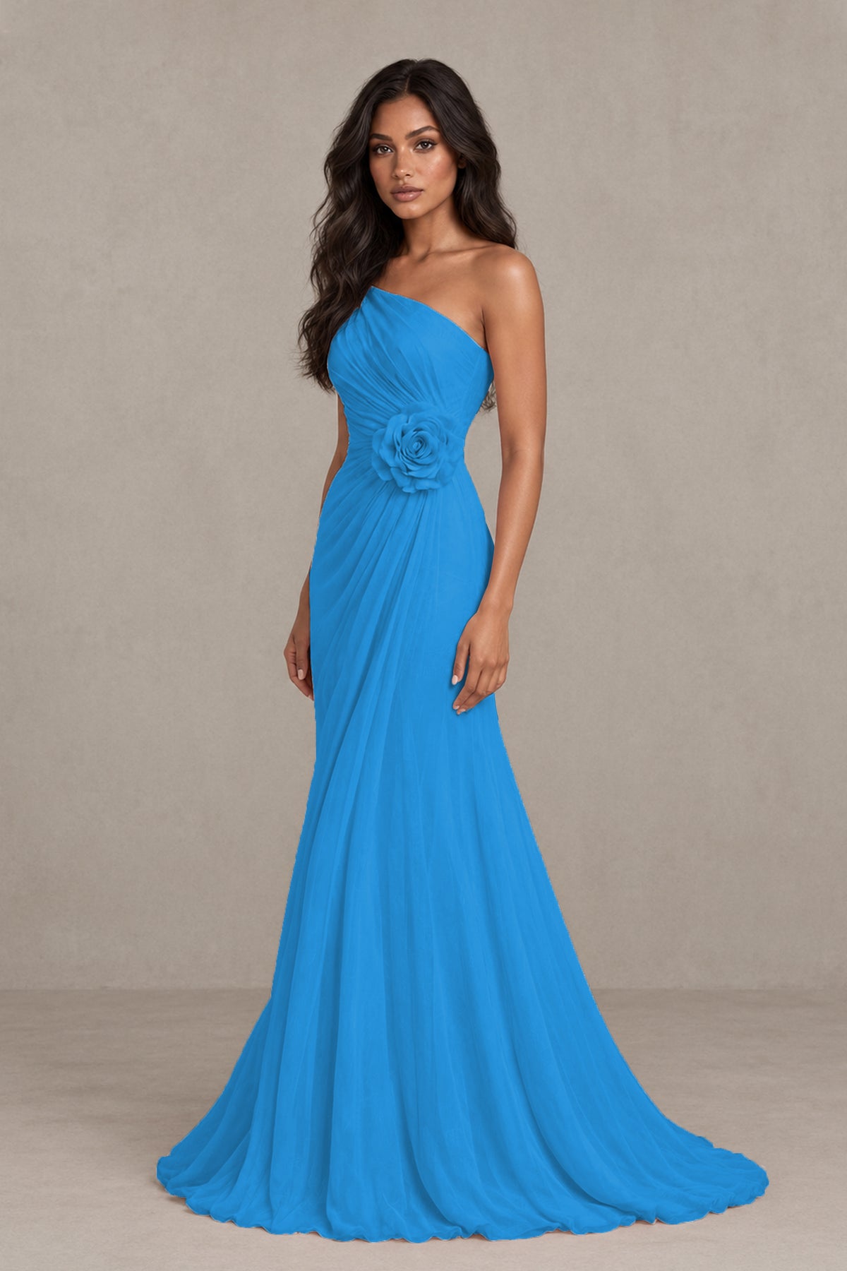 BOLODOO Blue One-Shoulder Floral Ruched Maxi Dress - Blue