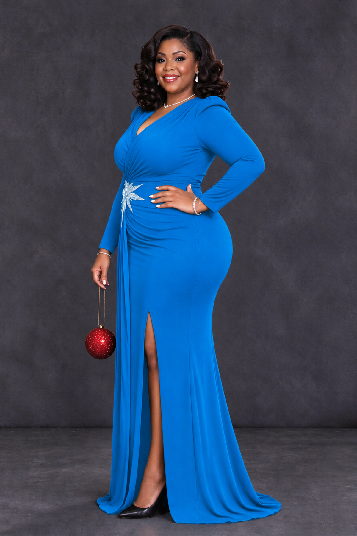 BOLODOO Blue Plus Size Long Sleeve V-Neck Mother of the Bride Dress with Slit - Blue - Blue_3