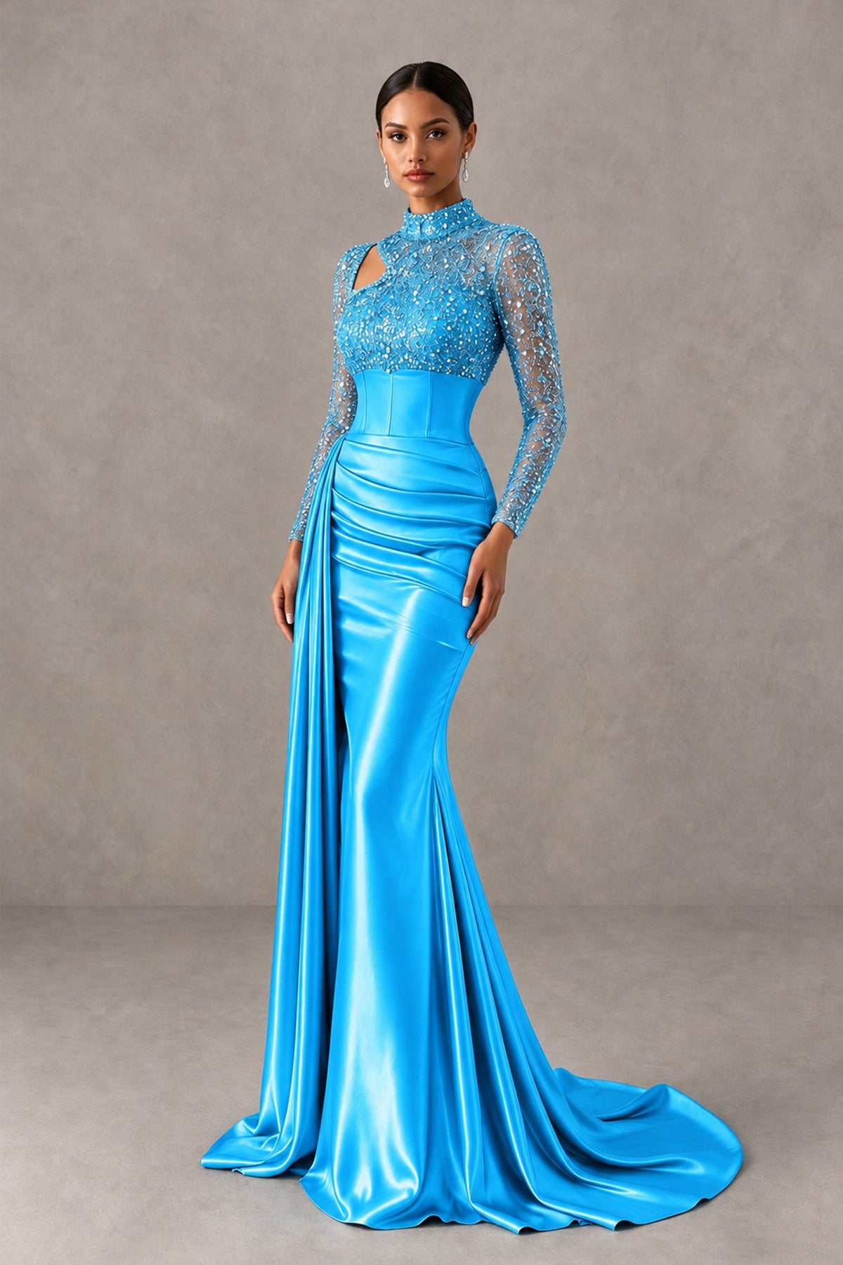 BOLODOO Blue Long Sleeve Embellished Satin Mermaid Evening Gown - Blue - Blue_3