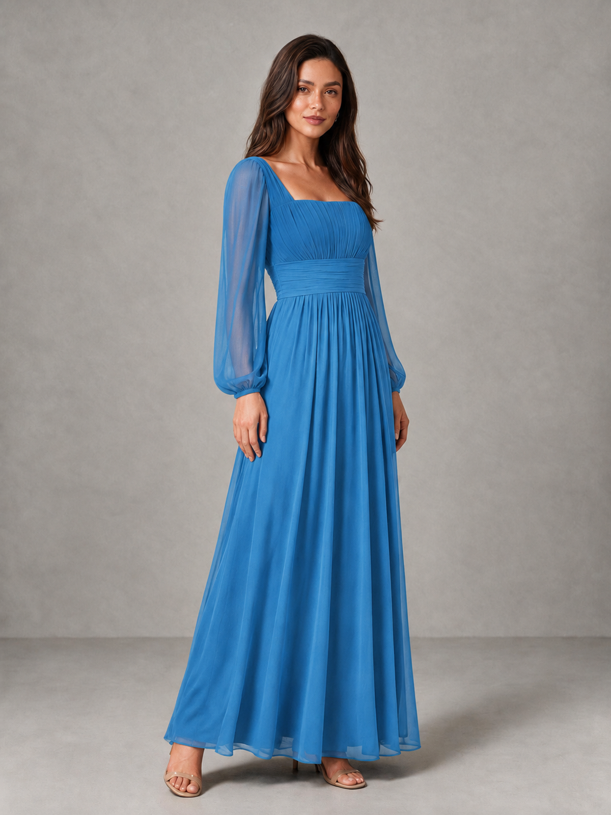 BOLODOO Blue Square Neck Long Sleeve Chiffon Bridesmaid Dress - Blue - Blue_3