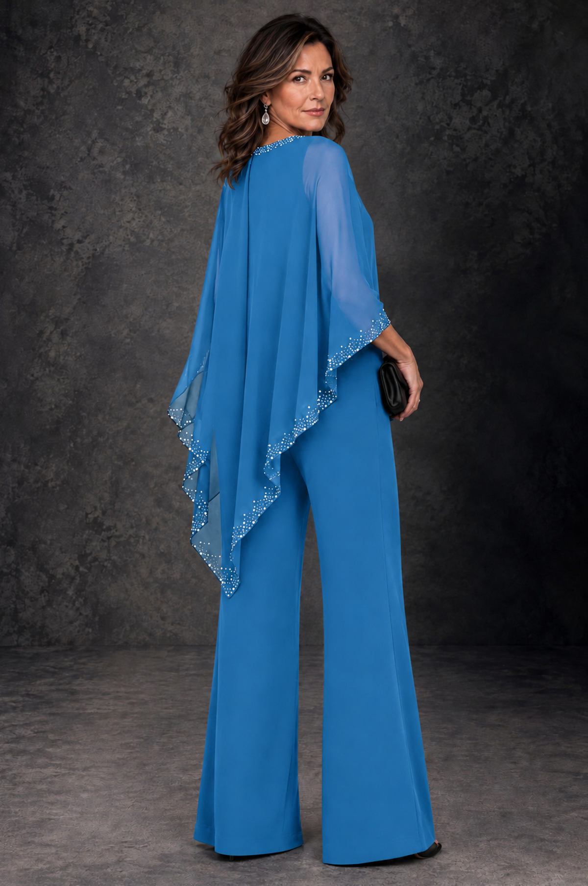 BOLODOO Blue Embellished Cape Mother of the Bride Pantsuit - Blue - Blue_3