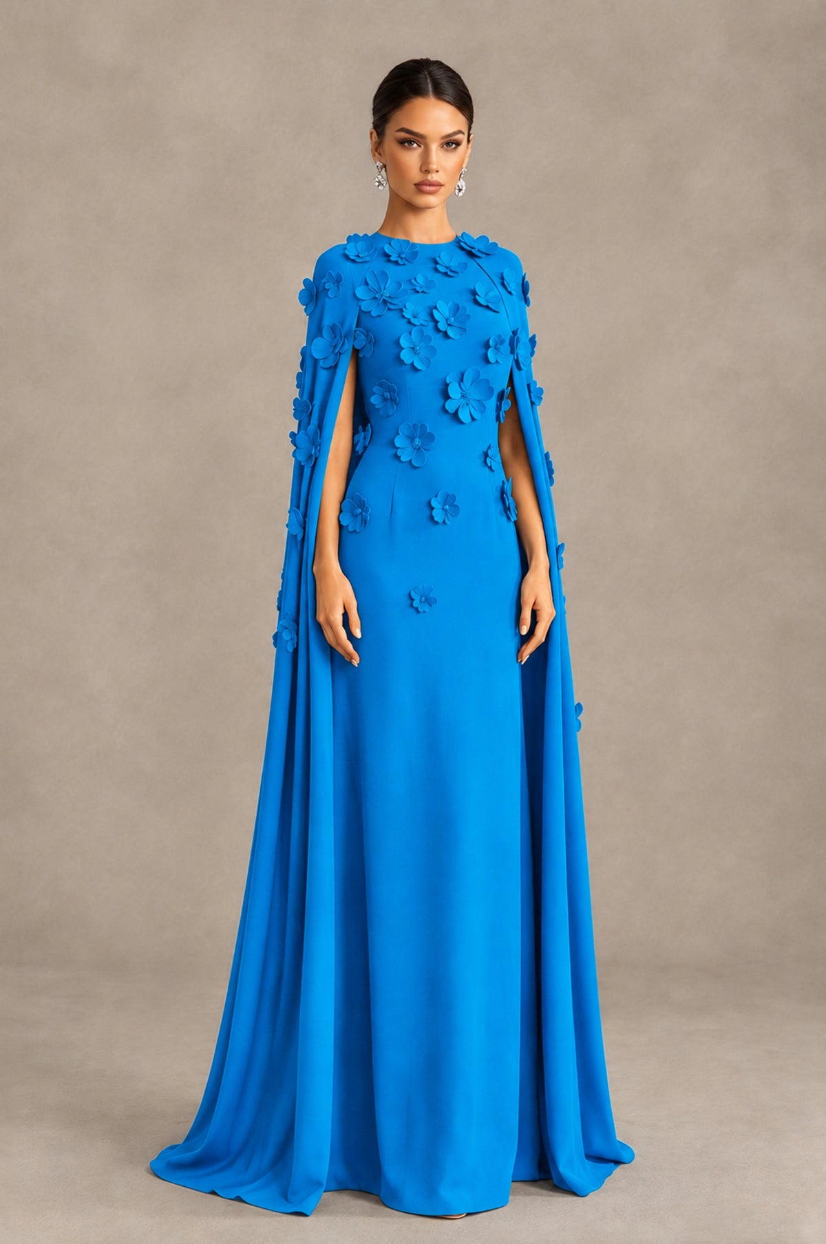 BOLODOO Blue 3D Floral Applique Cape Formal Dress - Blue - Blue_3