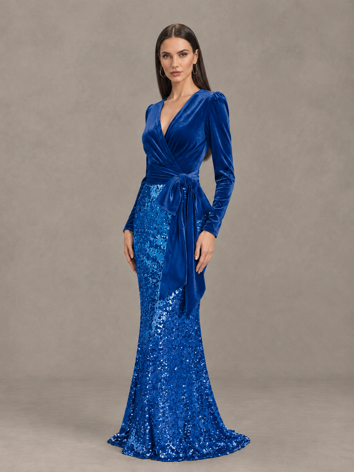 BOLODOO Blue Velvet & Sequin Long Sleeve V-Neck Mermaid Evening Gown - Blue - Blue_3