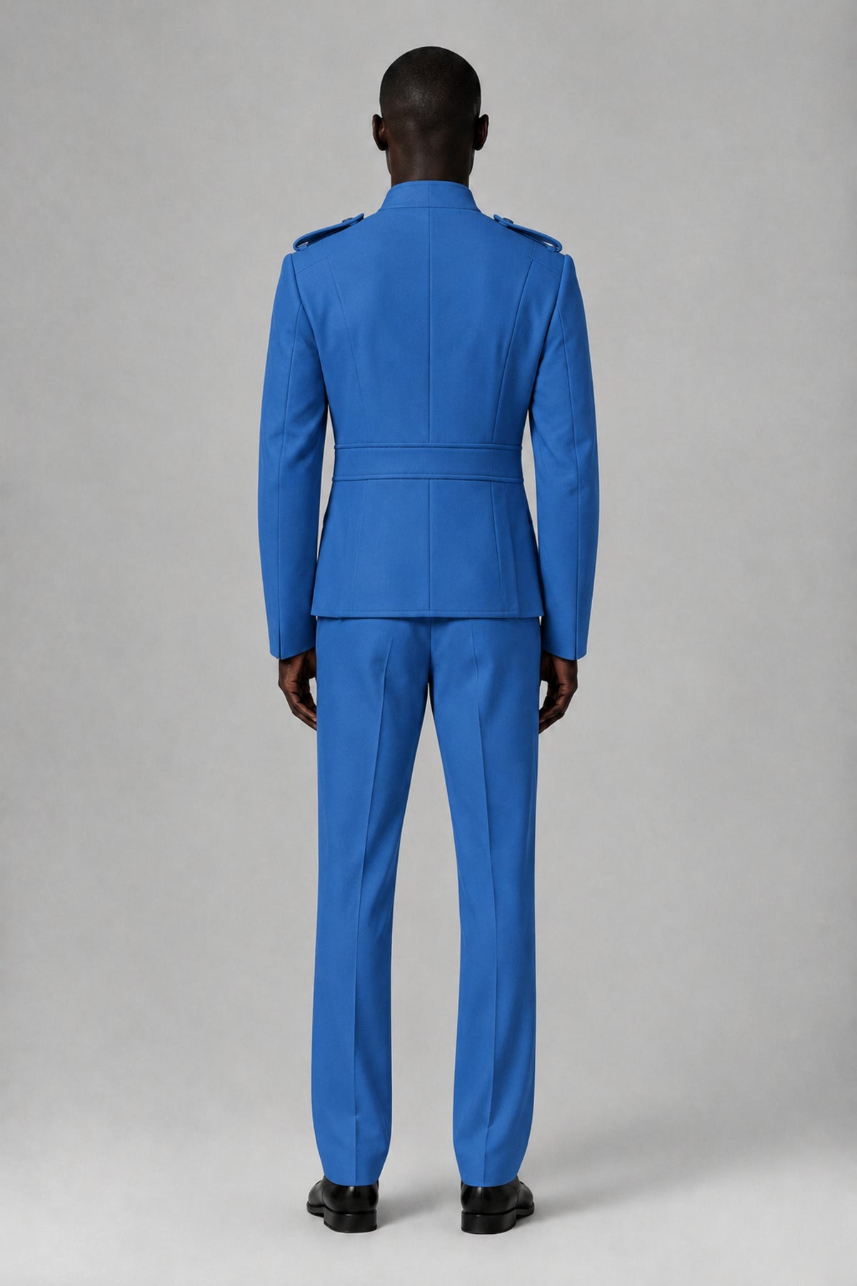 Bolodoo Men's Blue Military-Inspired Two-Piece Suit with Stand Collar - Blue - Blue_3