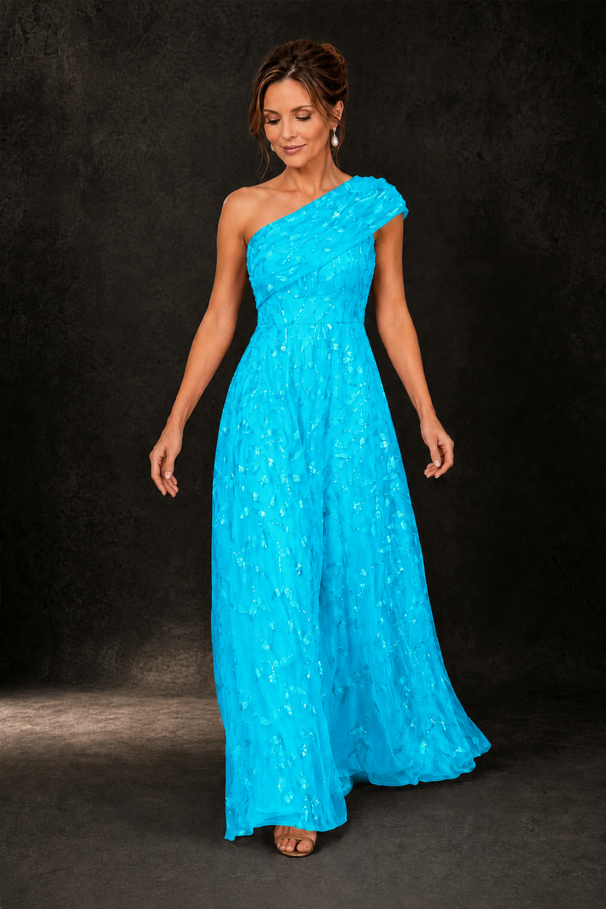 BOLODOO Blue Leaf Sequin One-Shoulder A-Line Maxi Gown – Mother of the Bride & Formal Evening Dress - Blue - Blue_3