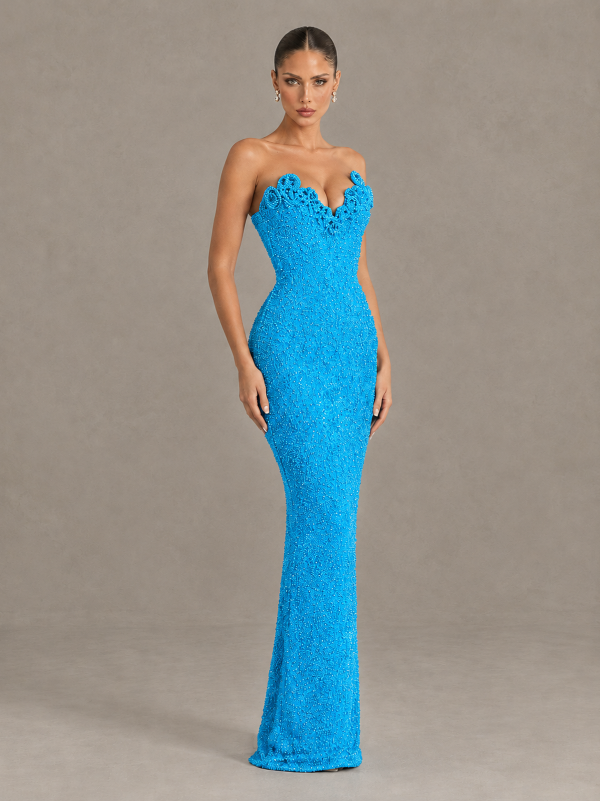 BOLODOO Blue Strapless Sequin Evening Gown with Floral Neckline - Blue - Blue_3