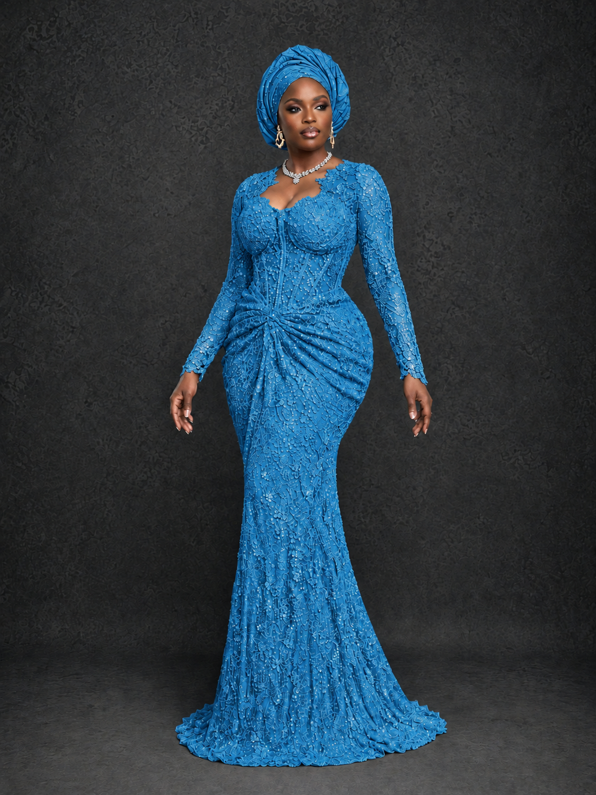 BOLODOO Blue Beaded Lace Long Sleeve Mermaid Gown Sweetheart | Mother of the Bride - Blue - Blue_3