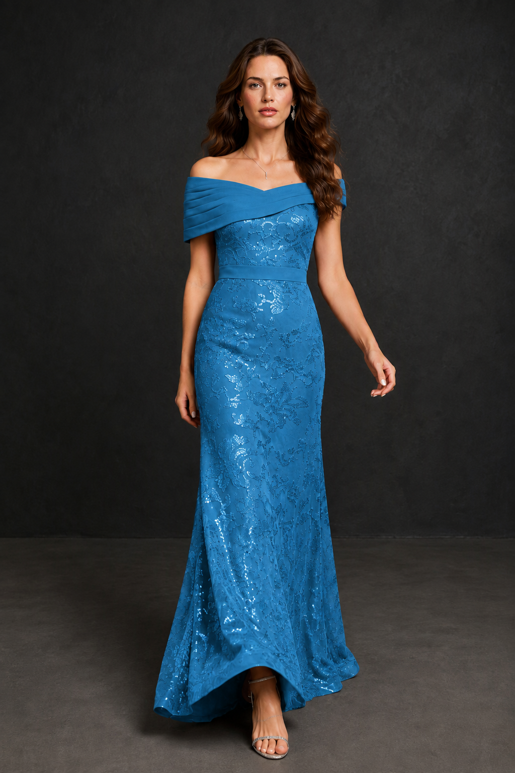 BOLODOO Blue Off-Shoulder Sequin Lace Mermaid Evening Gown | Mother of the Bride Formal Dress - Blue