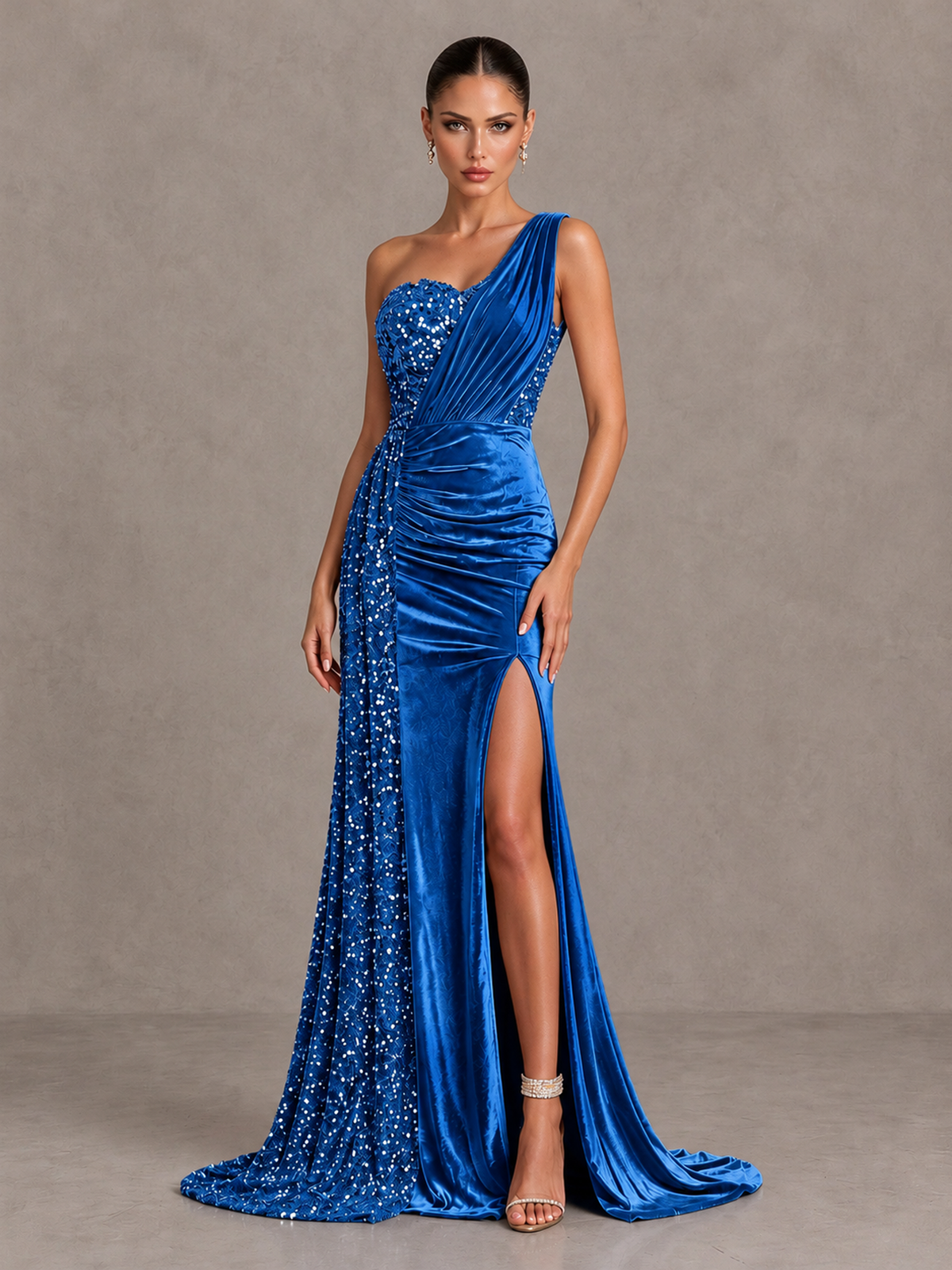 BOLODOO Blue One-Shoulder Satin Sequin Gown with High Slit - Blue - Blue_3