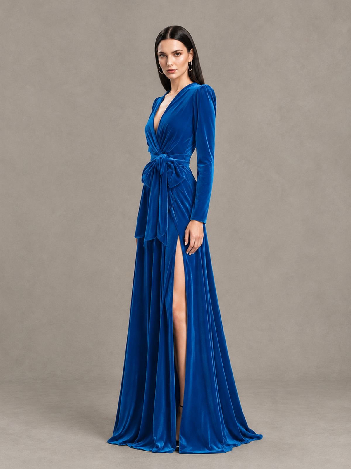 BOLODOO Blue Long Sleeve Velvet-Look Evening Dress with High Slit - Blue - Blue_3