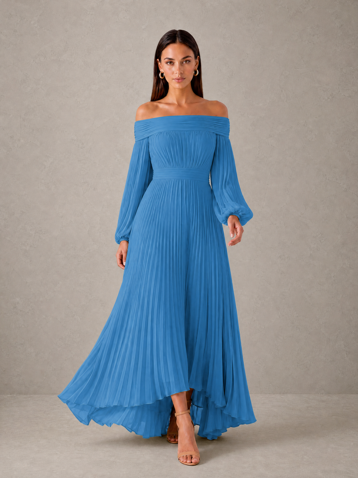 BOLODOO Blue Off-Shoulder Long Sleeve Pleated High-Low Dress - Blue - Blue_3