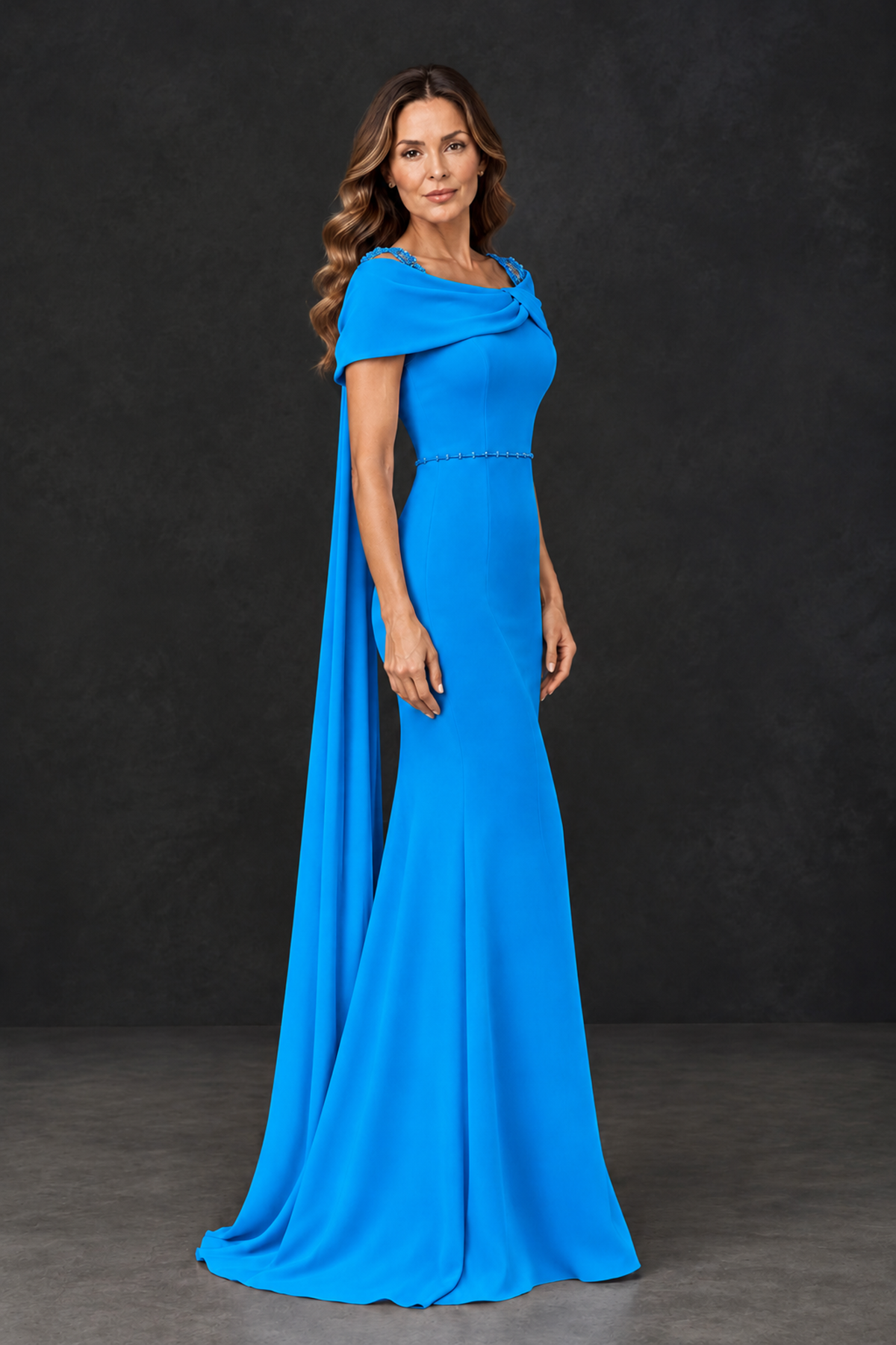 BOLODOO Blue Mother of the Bride Dress with Draped Cape Detail - Blue - Blue_3