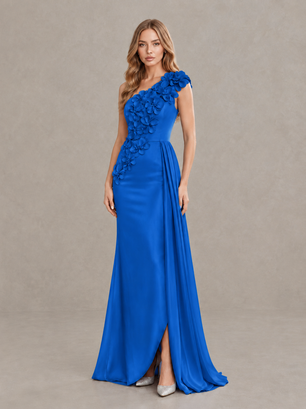 BOLODOO Blue One-Shoulder Satin Mermaid Evening Gown with 3D Floral Appliqué - Blue - Blue_3
