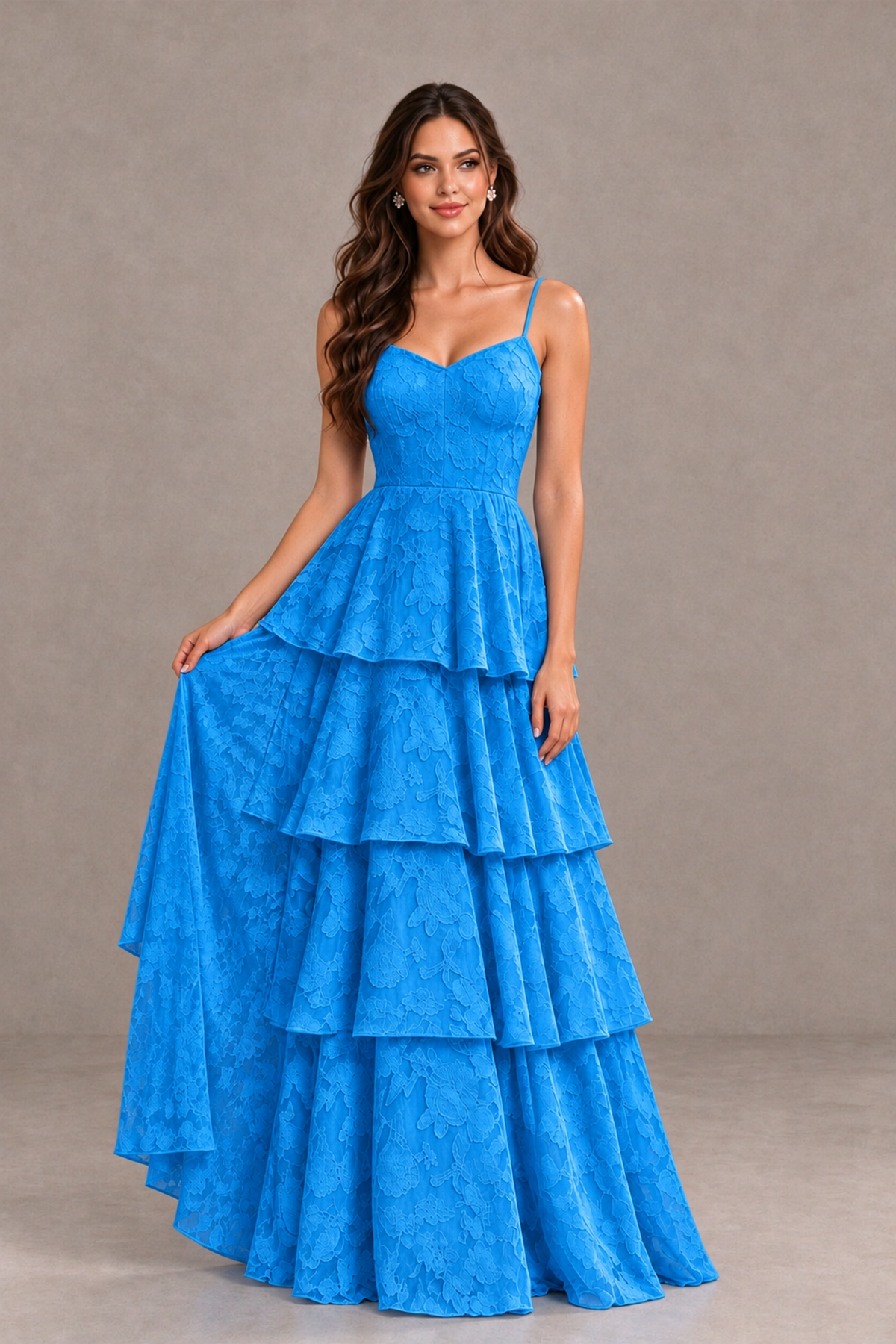 BOLODOO Blue Tiered Floral-Textured Spaghetti Strap Maxi Dress - Blue - Blue_3