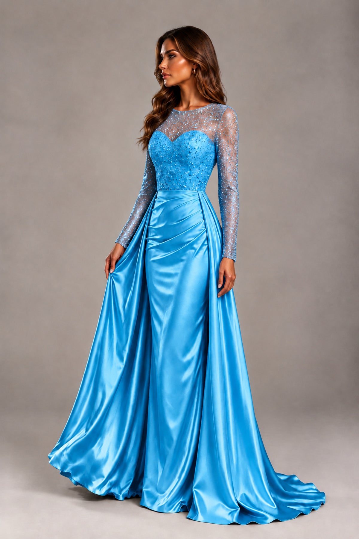 BOLODOO Blue Long Sleeve Embellished Satin Evening Gown with Sweep Train - Blue - Blue_3