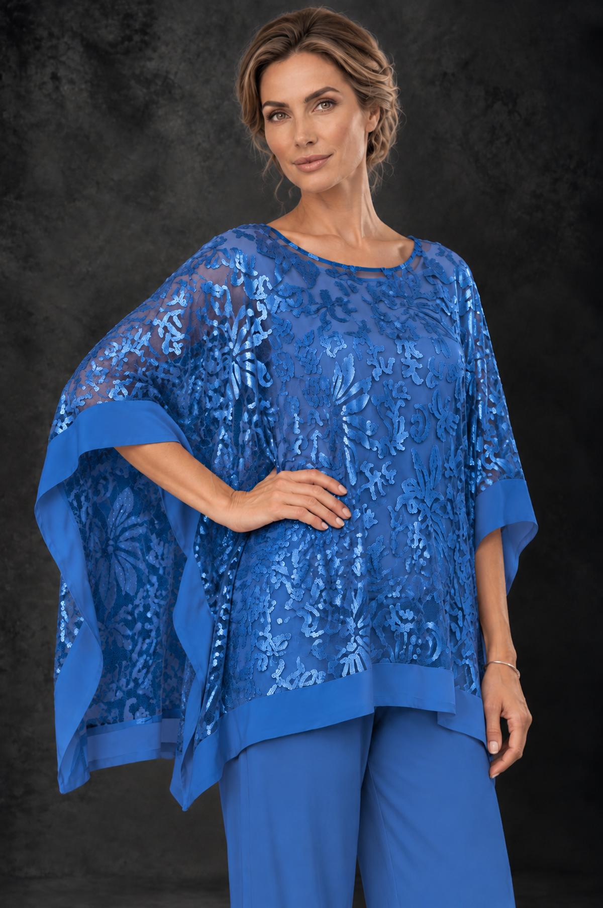 BOLODOO Blue Floral Cape Mother of the Bride Pant Suit - Blue - Blue_3