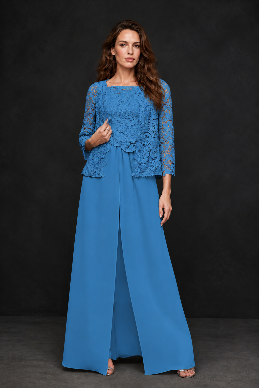 BOLODOO Blue Grey Lace Peplum Top & Wide-Leg Chiffon Pants Set | Mother of the Bride & Formal Evening Outfit - Blue