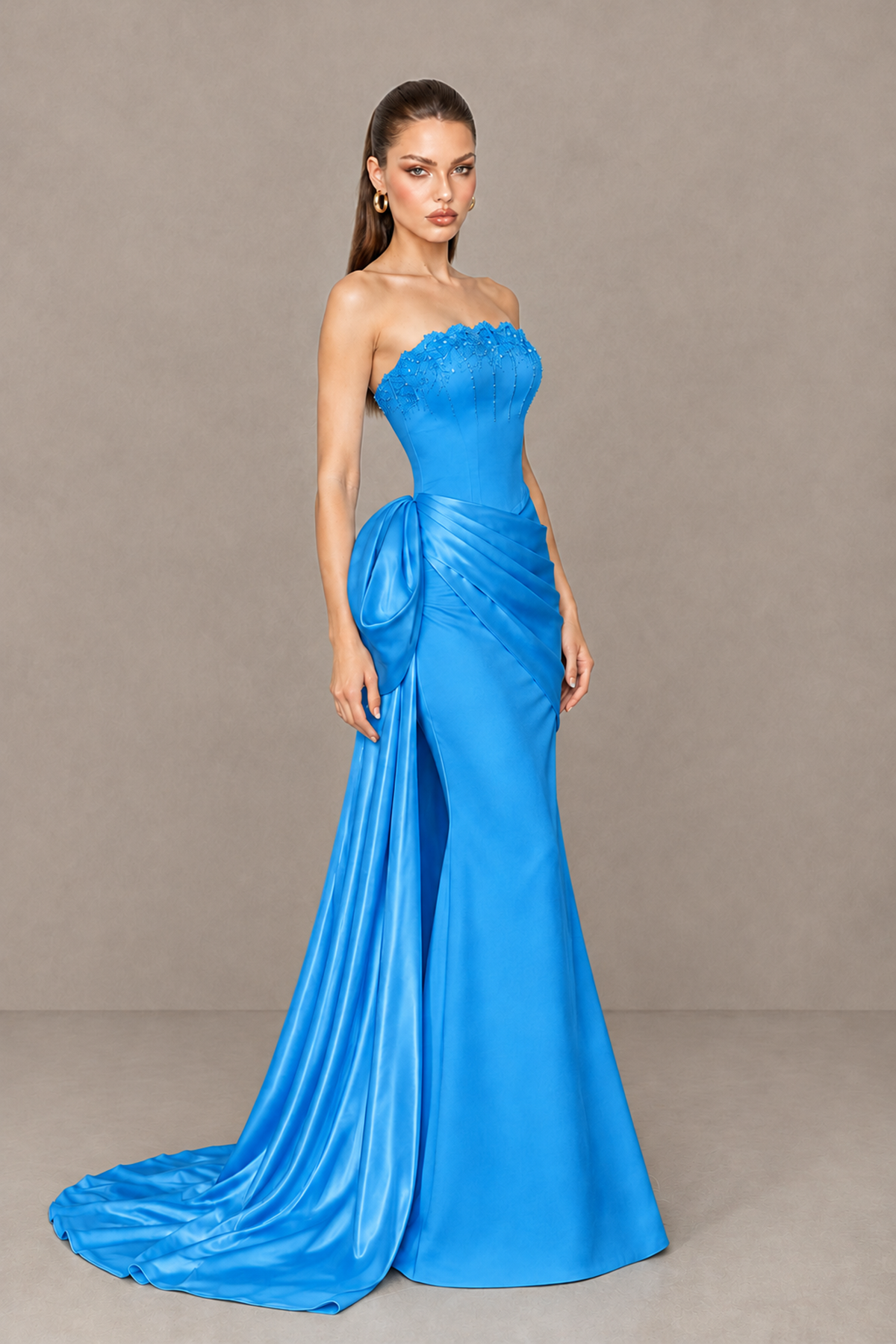BOLODOO Blue Strapless Satin Prom Dress with Draped Side Train - Blue - Blue_3