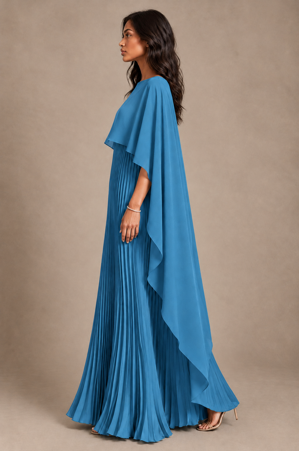 BOLODOO Blue Pleated Cape A-Line Evening Dress - Blue - Blue_3