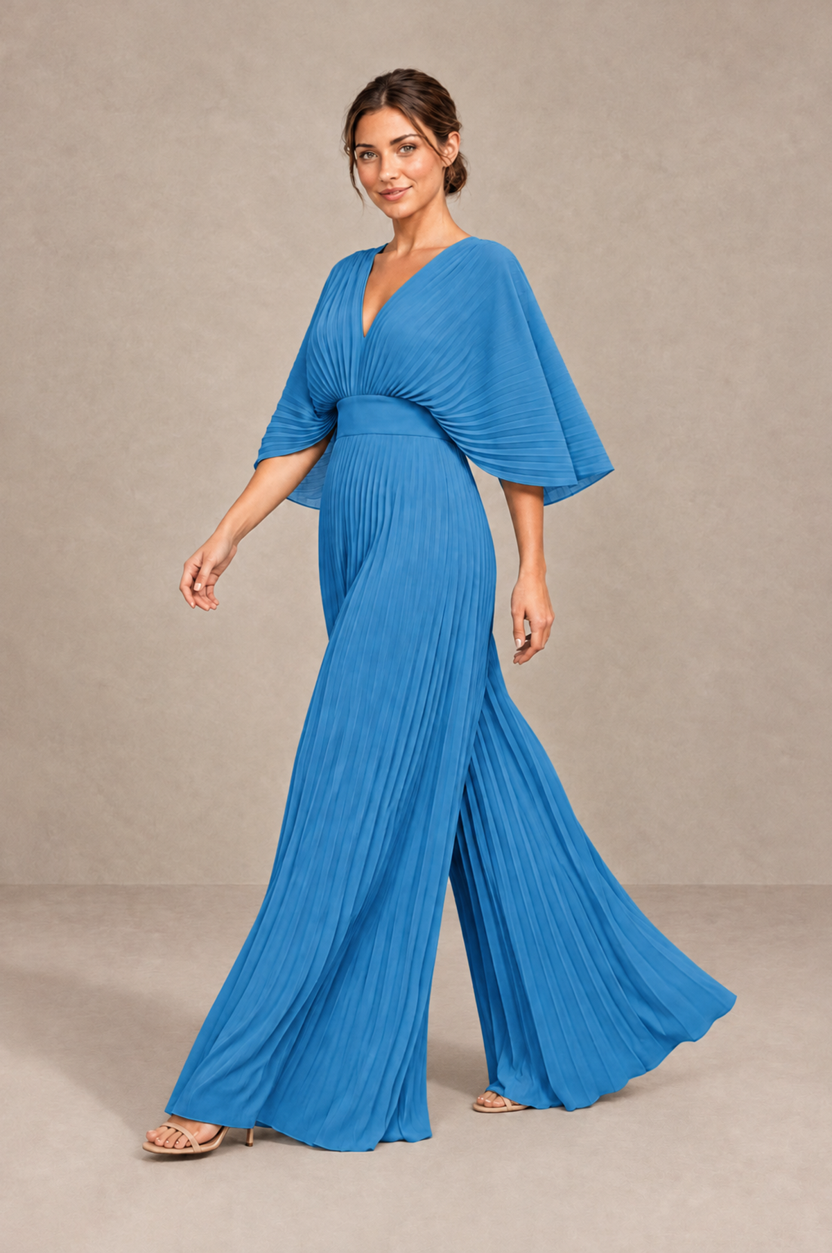BOLODOO Blue Pleated Wide-Leg Mother of Bride Pantsuit with V-Neck Chiffon Maxi Gown - Blue - Blue_3