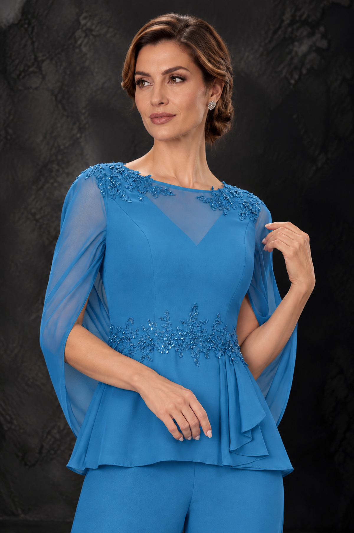 BOLODOO Blue Embellished Cape Sleeve Mother of the Bride Pantsuit - Blue - Blue_3