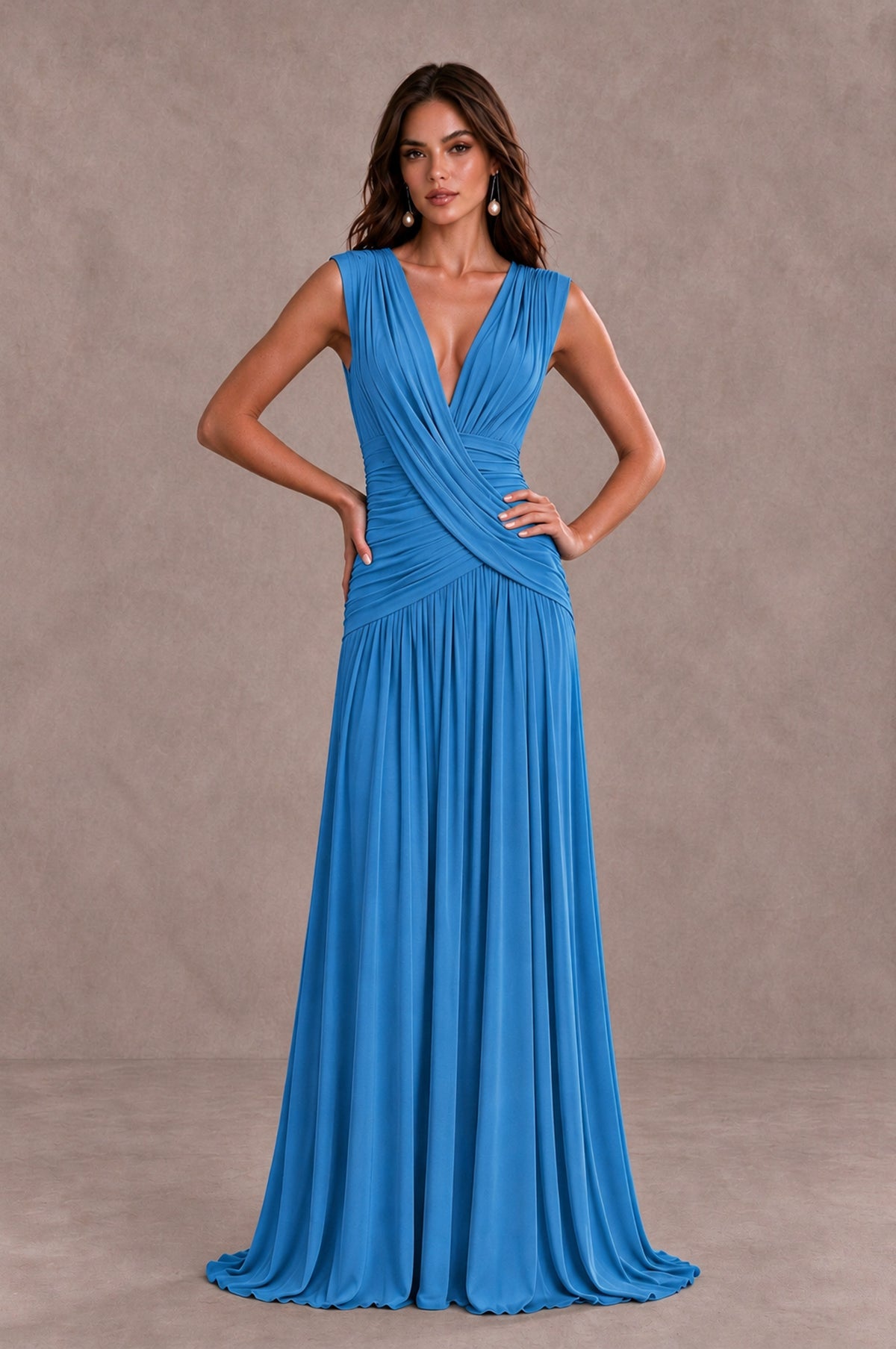 BOLODOO Blue V-Neck Ruched Wedding Guest Dress - Blue - Blue_3