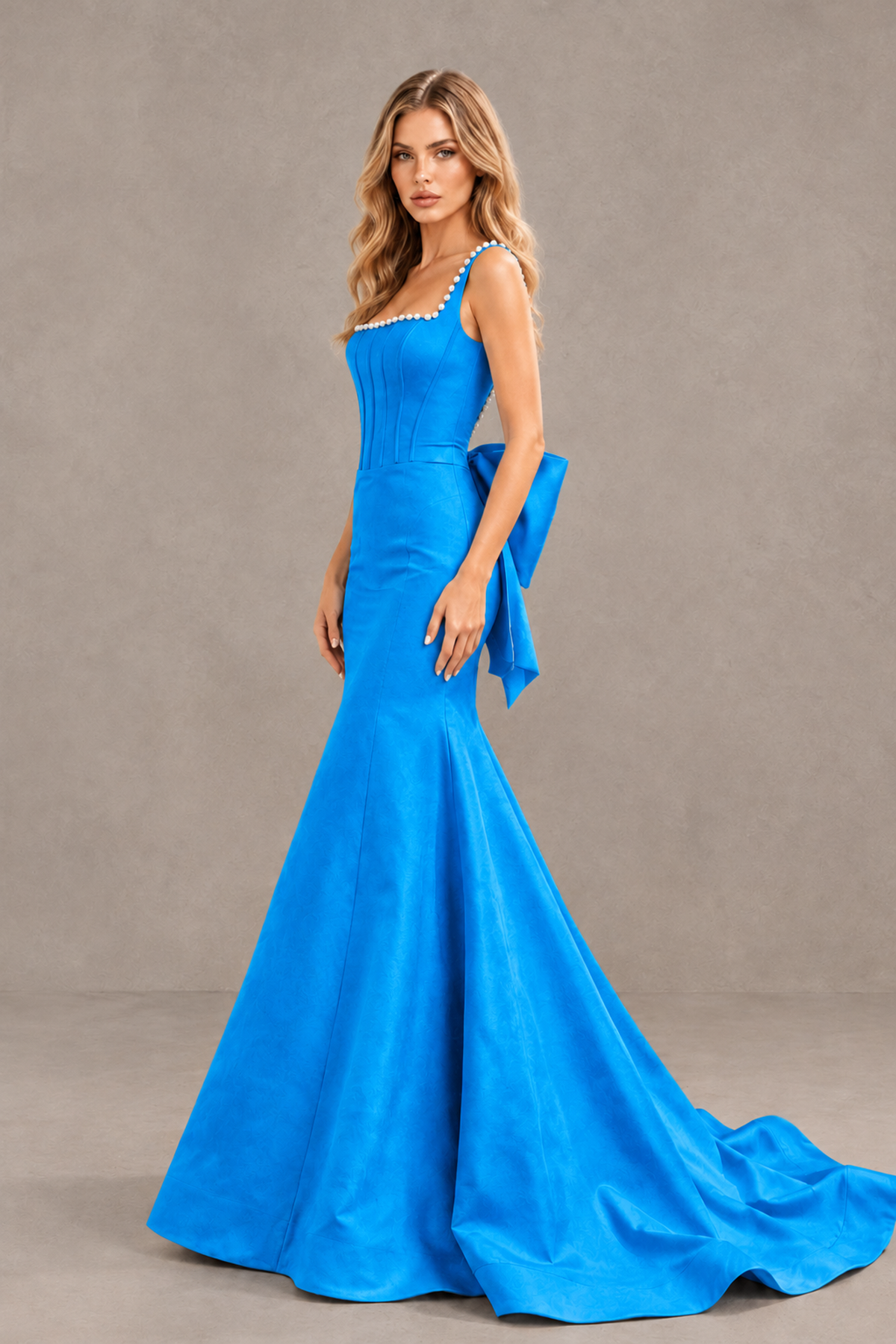 BOLODOO Blue Pearl-Trim Mermaid Prom Dress with Back Bow - Blue - Blue_3