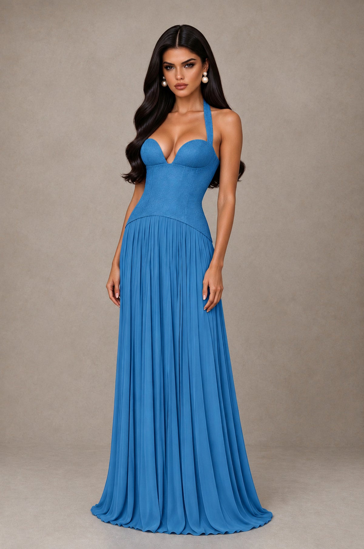 BOLODOO Blue Halter Corset Pleated A-Line Evening Dress - Blue - Blue_3