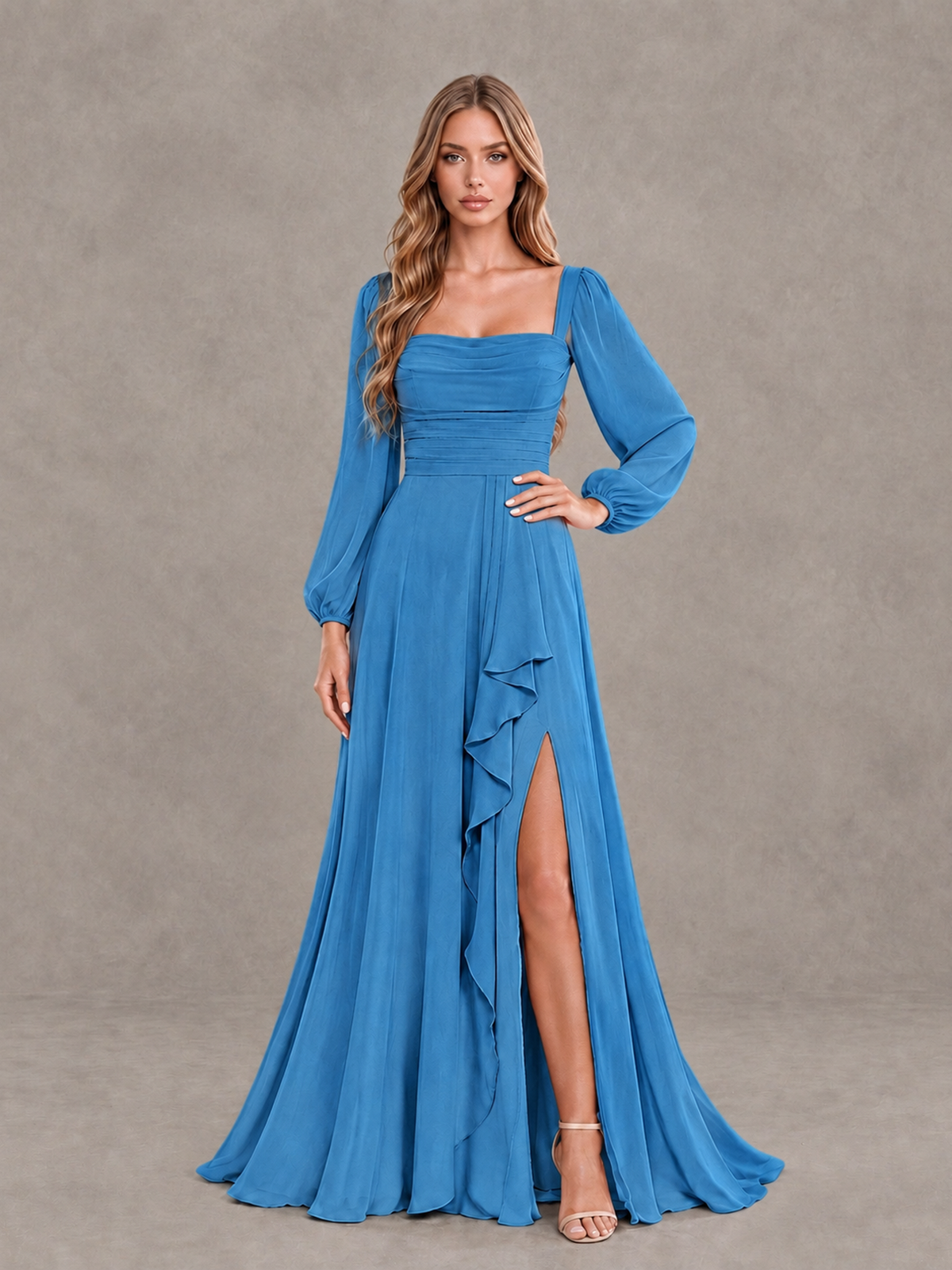 BOLODOO Blue Square Neck Long Sleeve Bridesmaid Dress with Ruffle Slit - Blue - Blue_3