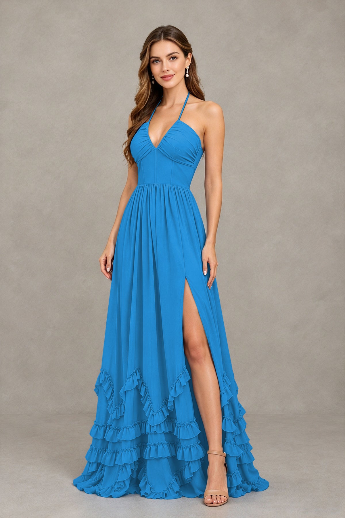 BOLODOO Blue Halter Ruffle Hem A-Line Bridesmaid Dress with High Slit - Blue - Blue(3)