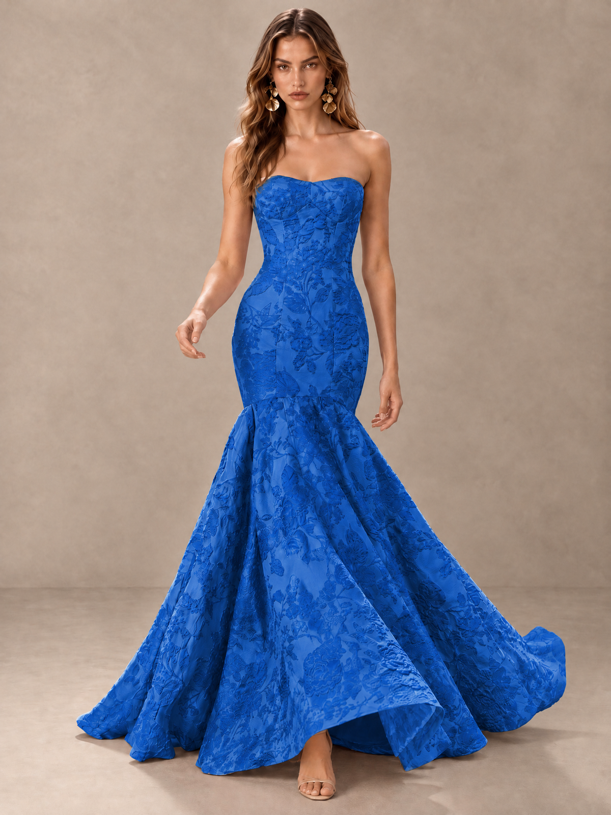 BOLODOO Blue Floral Strapless Mermaid Prom Dress with Train - Blue - Blue_3