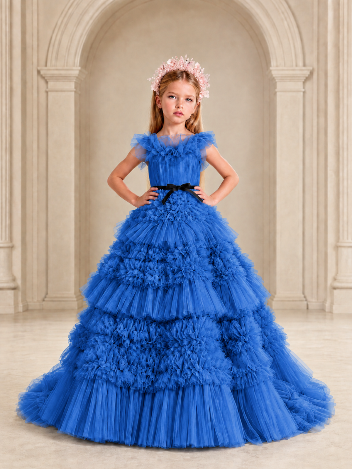 BOLODOO Blue Tiered Tulle Flower Girl Dress with Floral Appliques - Blue - Blue_3
