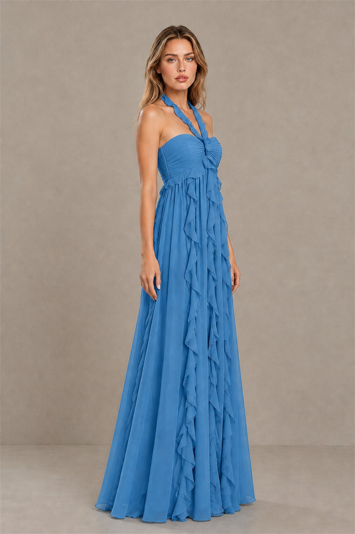 BOLODOO Blue Halter Ruffle A-Line Floor-Length Evening Dress - Blue - Blue_3