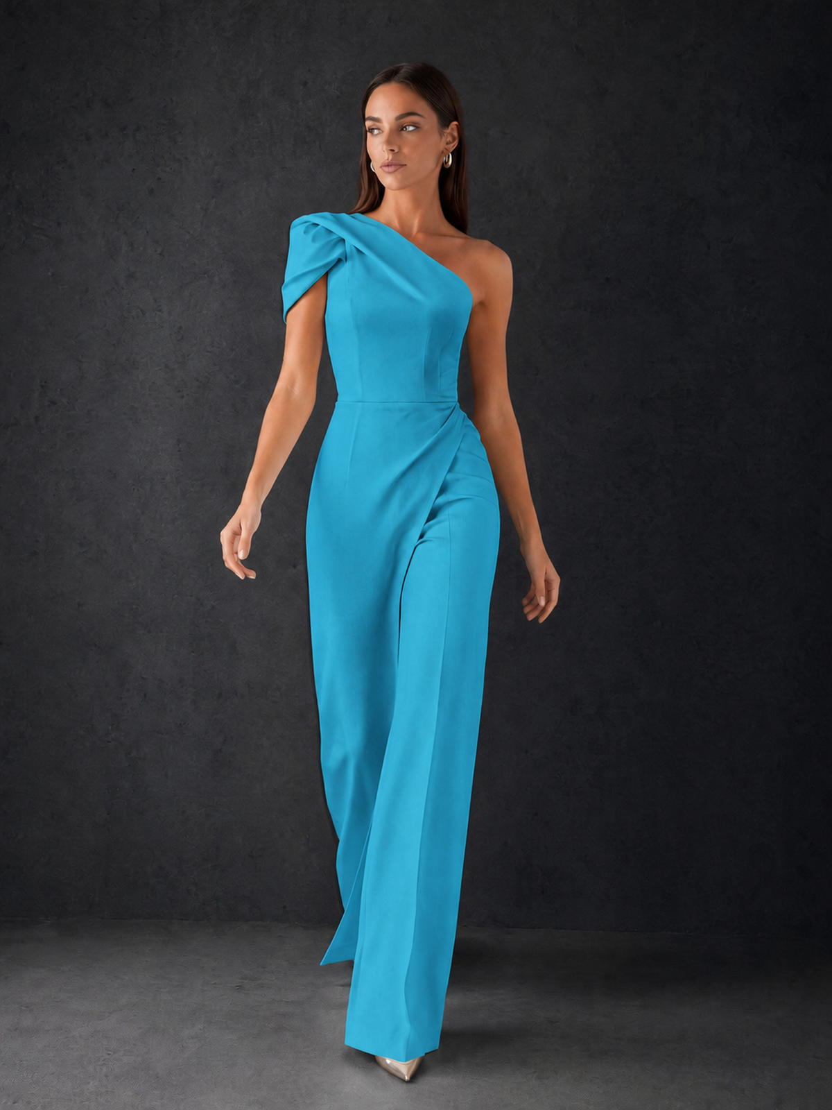 BOLODOO Blue One-Shoulder Puff Sleeve Wide-Leg Jumpsuit with Front Slit and Open Back - Blue