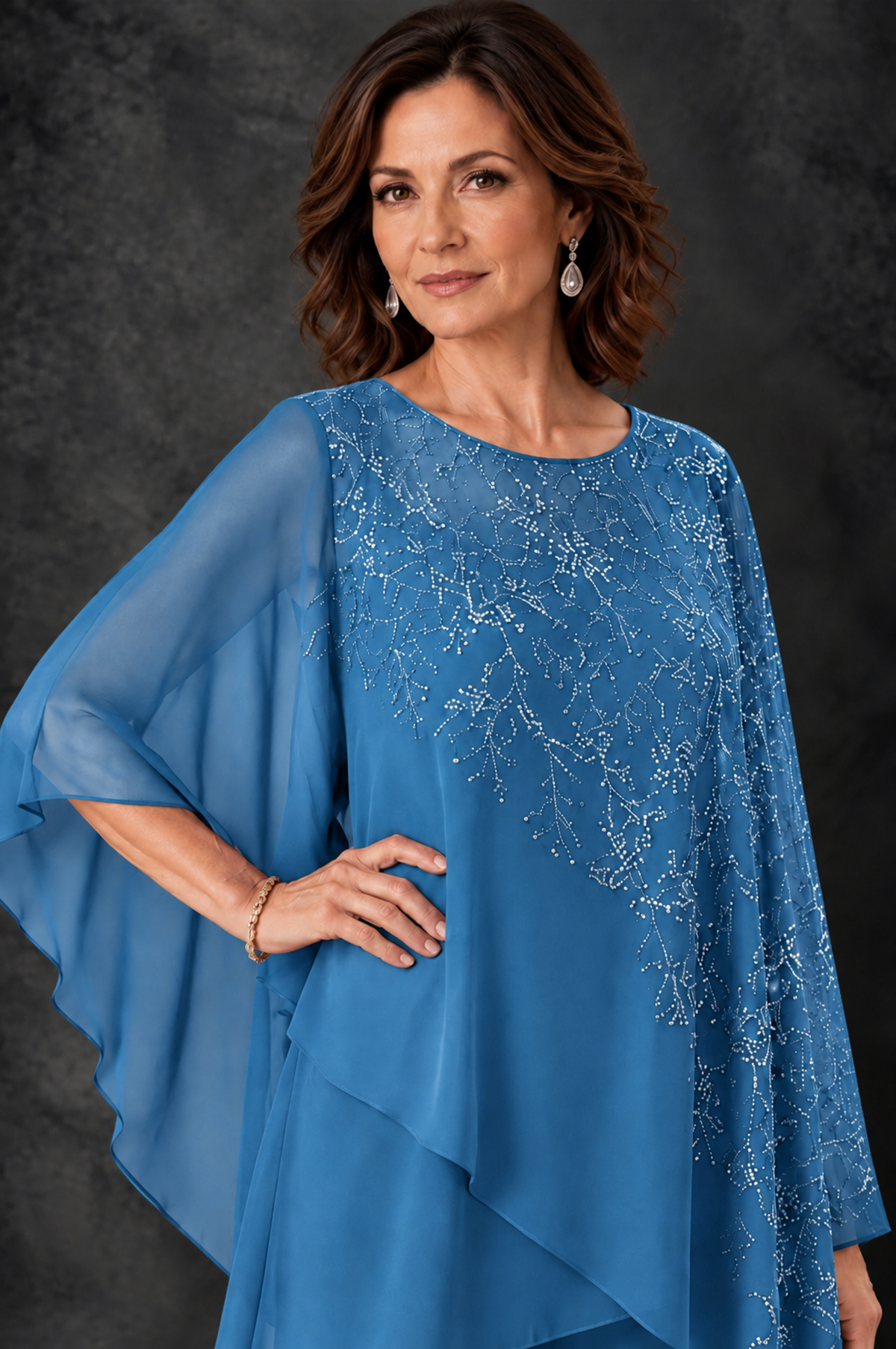 BOLODOO Blue Embellished Cape Pant Suit for Mother of the Bride - Blue - Blue_3
