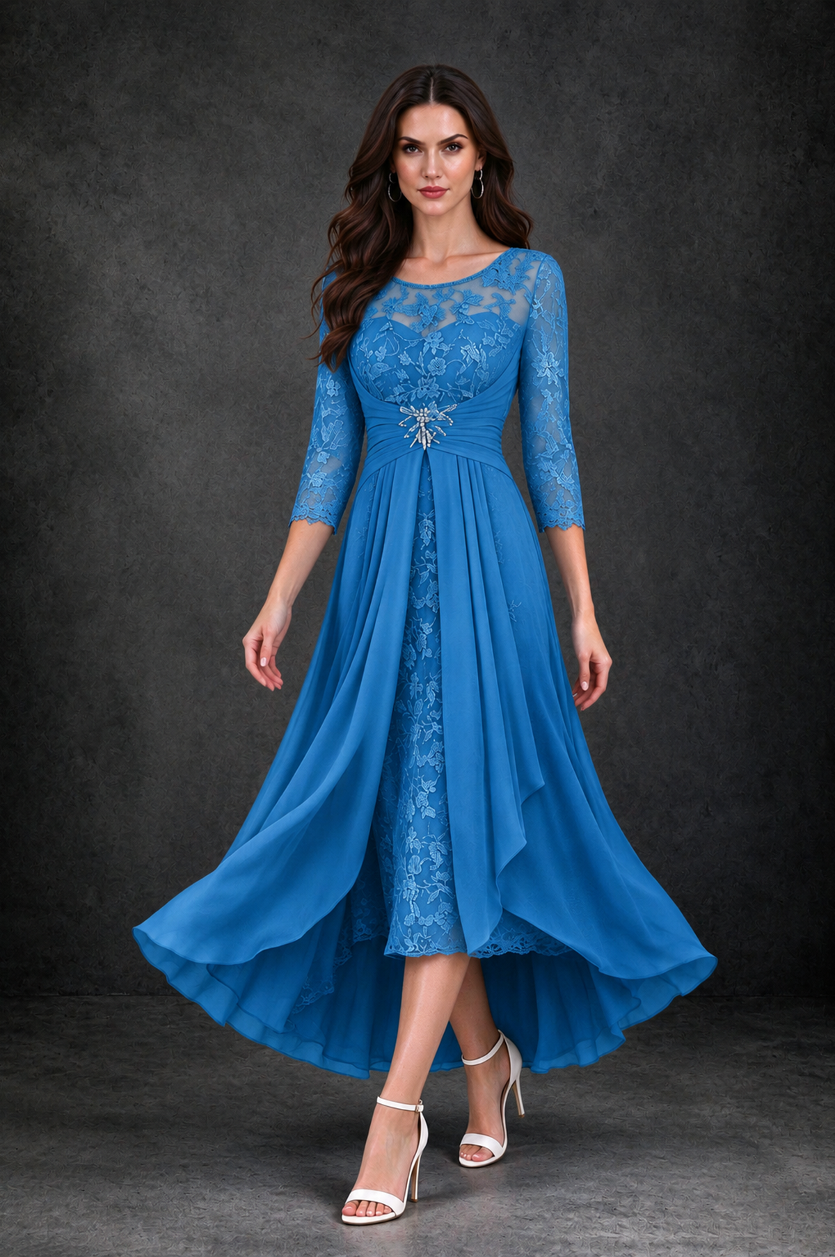 BOLODOO Blue Sequin Lace & Chiffon Tea-Length Mother of the Bride Dress with 3/4 Sleeves - Blue - Blue_3
