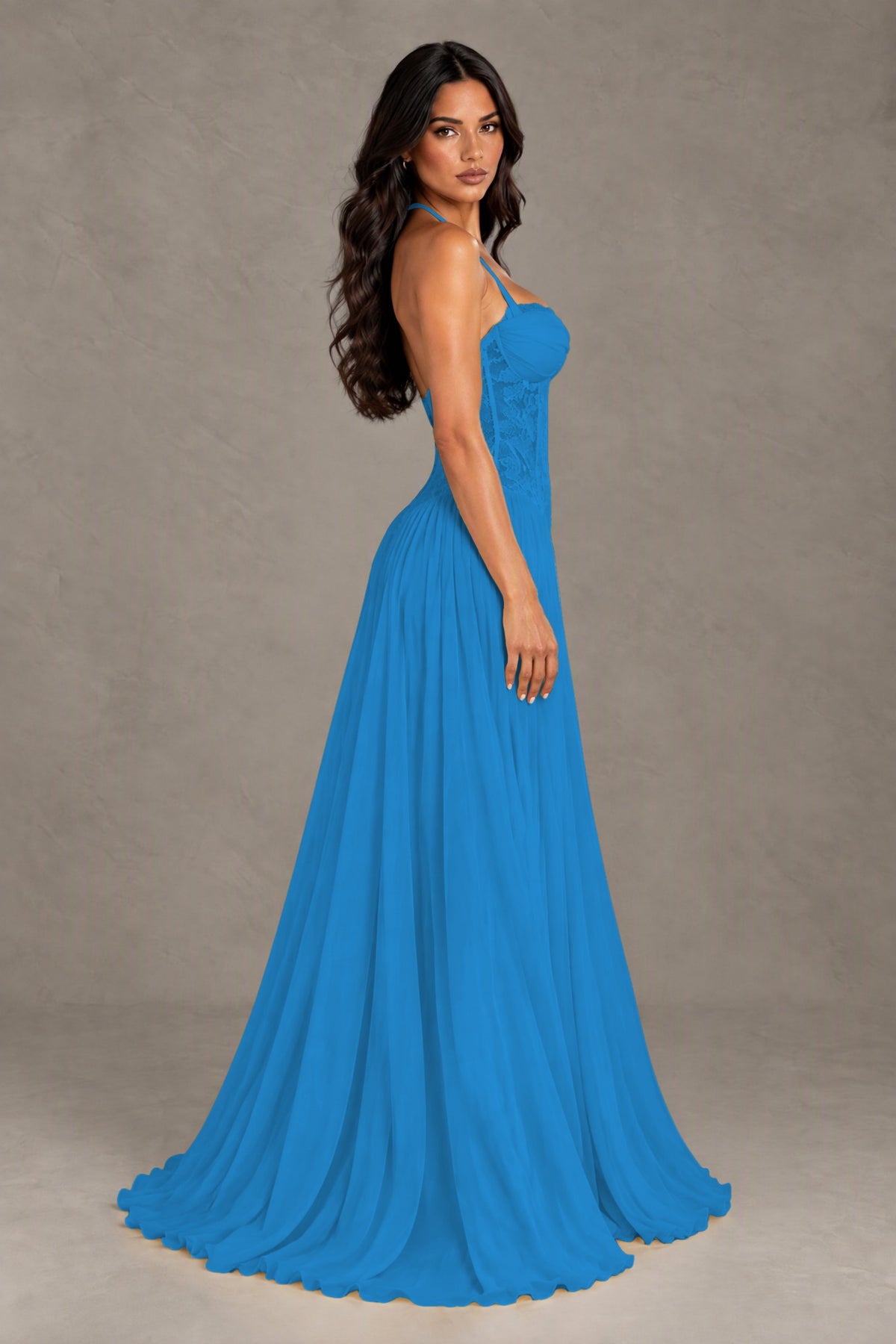 BOLODOO Blue Lace Corset Halter Maxi Gown – Backless A-Line Formal Dress - Blue - Blue(3)