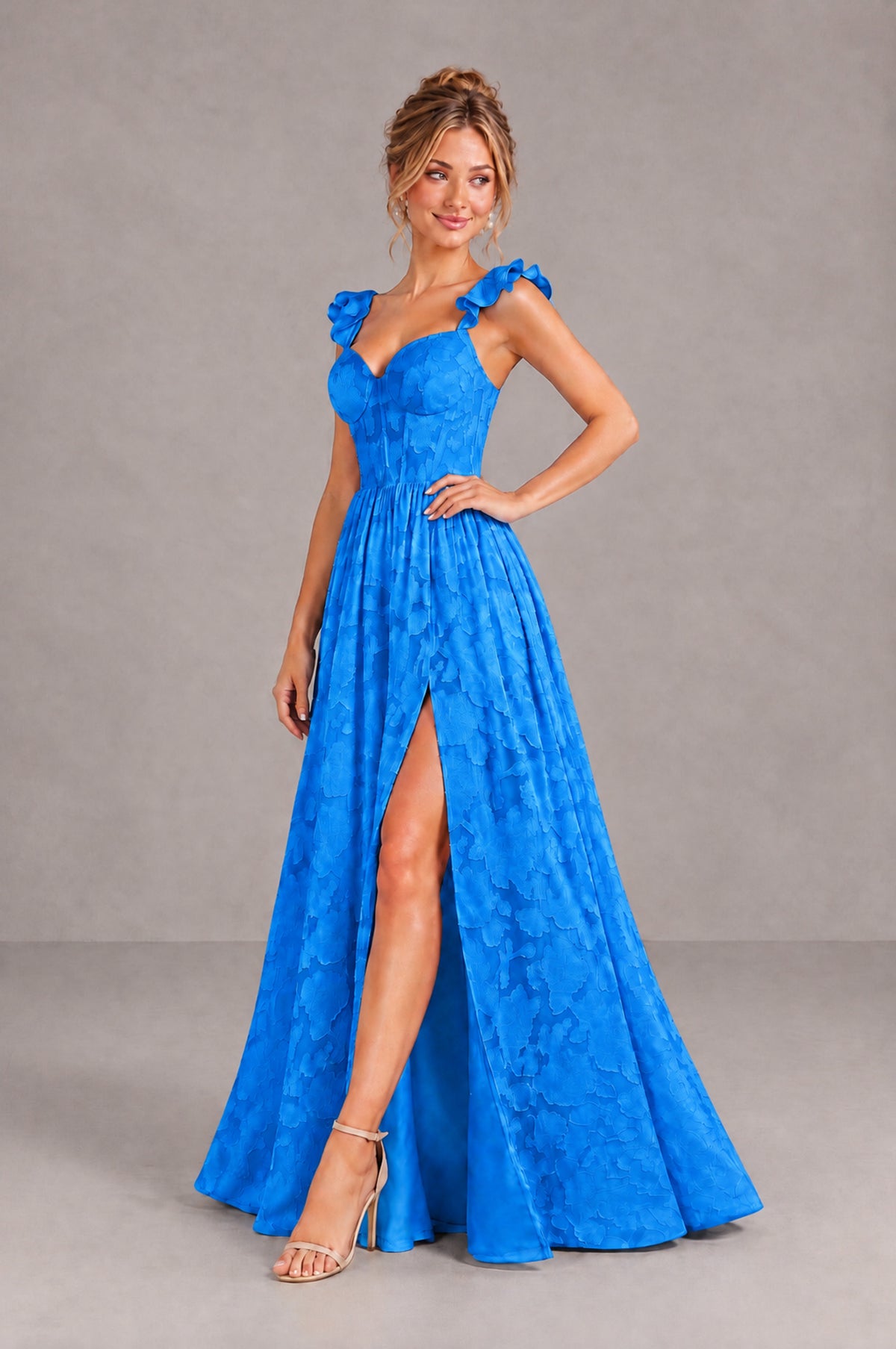 BOLODOO Blue Floral A-Line Bridesmaid Dress with Slit Ruffle Straps Maxi Gown - Blue - Blue_3