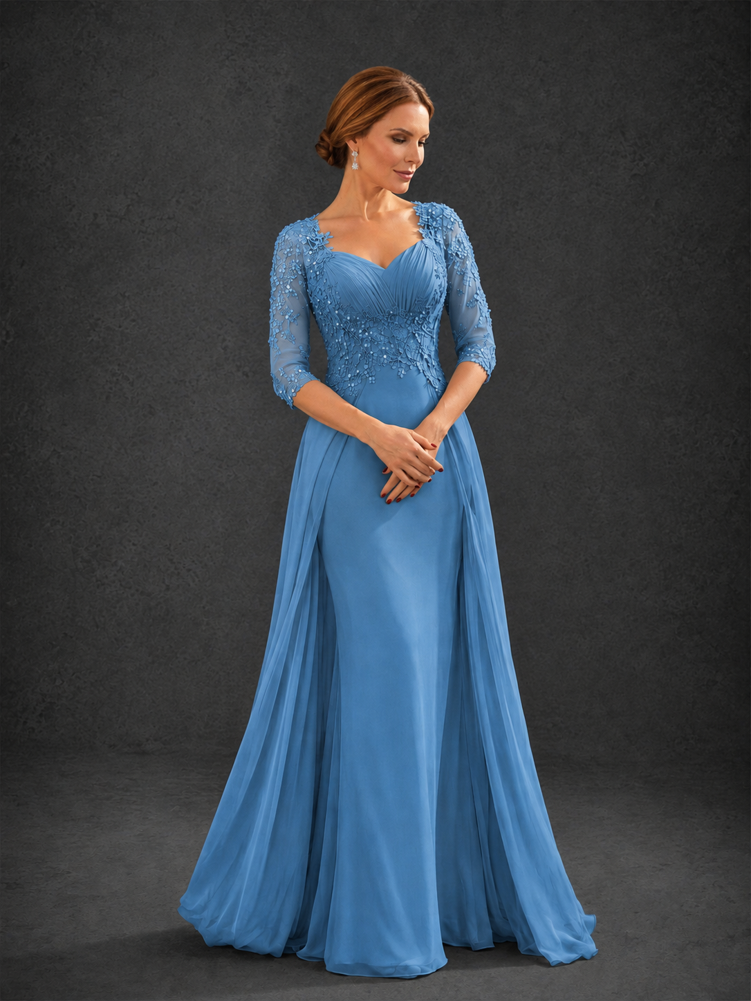 BOLODOO Blue Sweetheart Neck 3/4 Sleeve Floral Lace Illusion Bodice Chiffon A-Line Gown - Blue