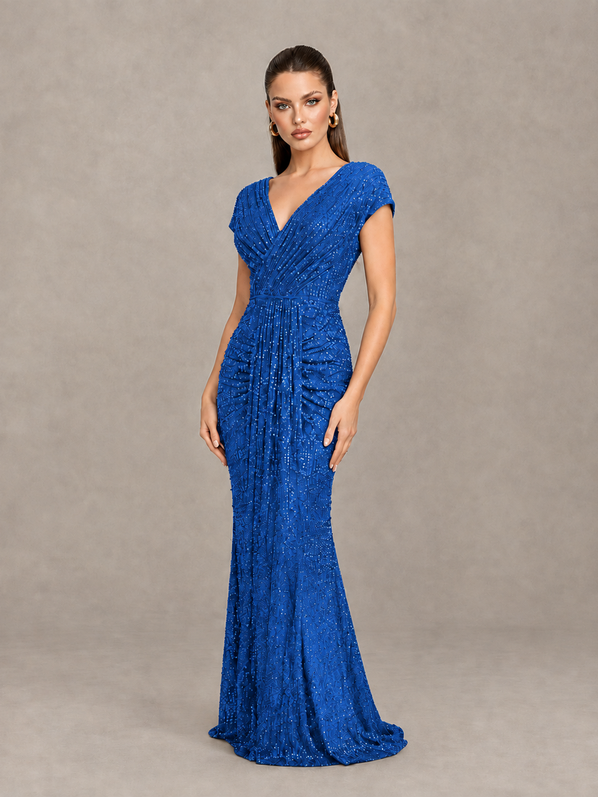 BOLODOO Blue Glitter V-Neck Cap Sleeve Ruched Mermaid Evening Gown - Blue - Blue_3