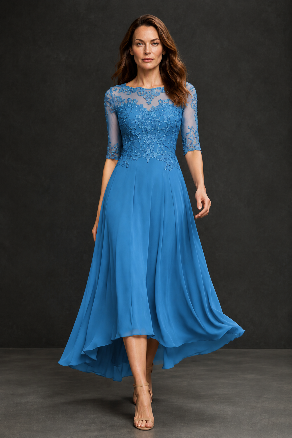 BOLODOO Blue Illusion Lace 3/4 Sleeve Hi-Lo Chiffon A-Line Dress | Mother of the Bride Tea Length Dress - Blue