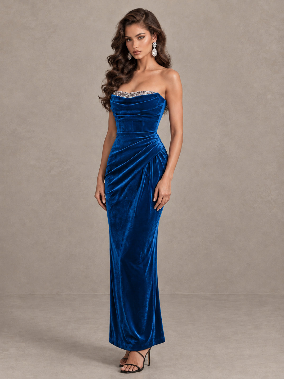 BOLODOO Blue Strapless Velvet Cocktail Maxi Dress - Blue - Blue_3