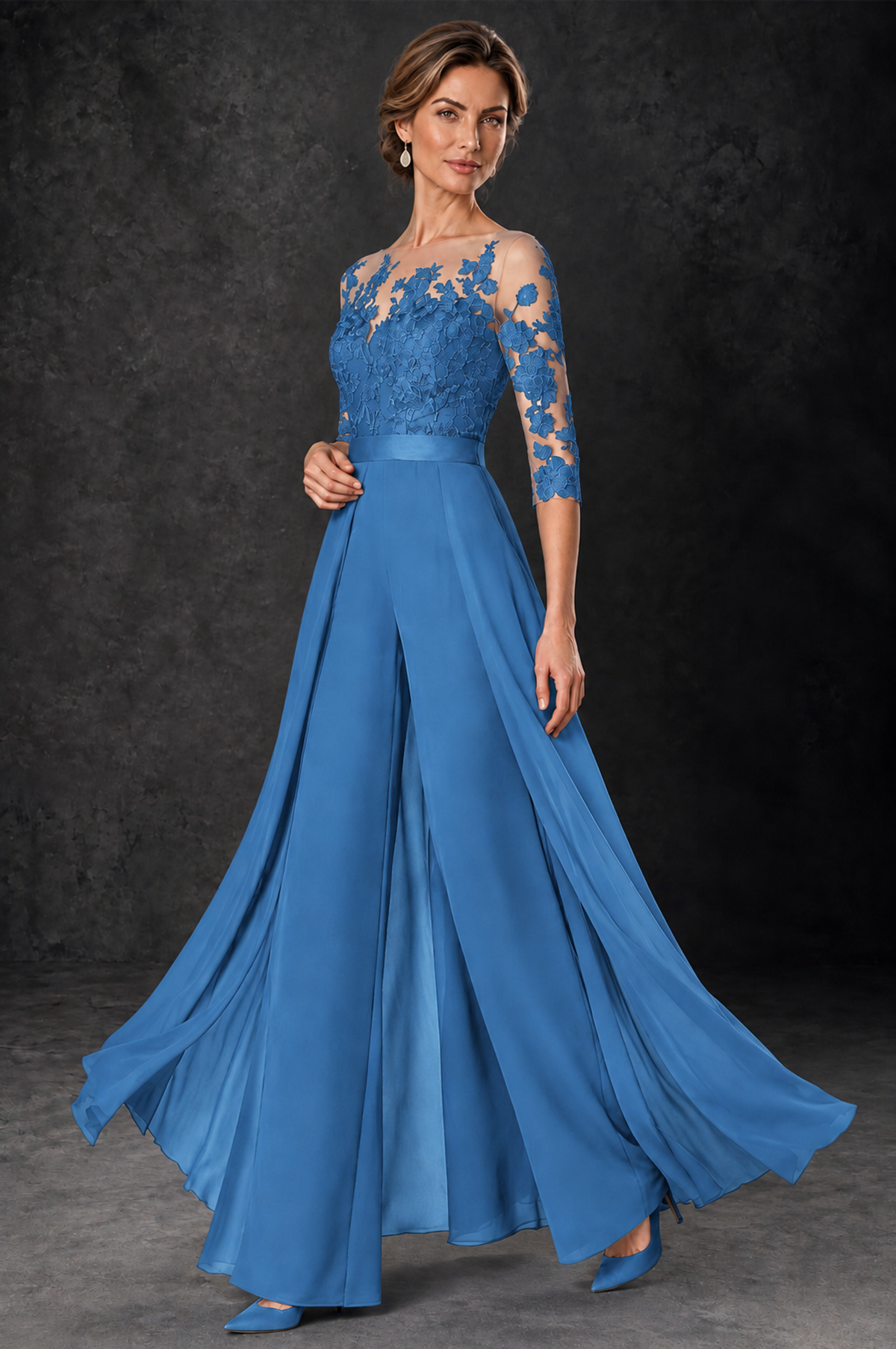 BOLODOO Blue Lace Wide-Leg Jumpsuit with Three-Quarter Sleeves - Blue - Blue_3