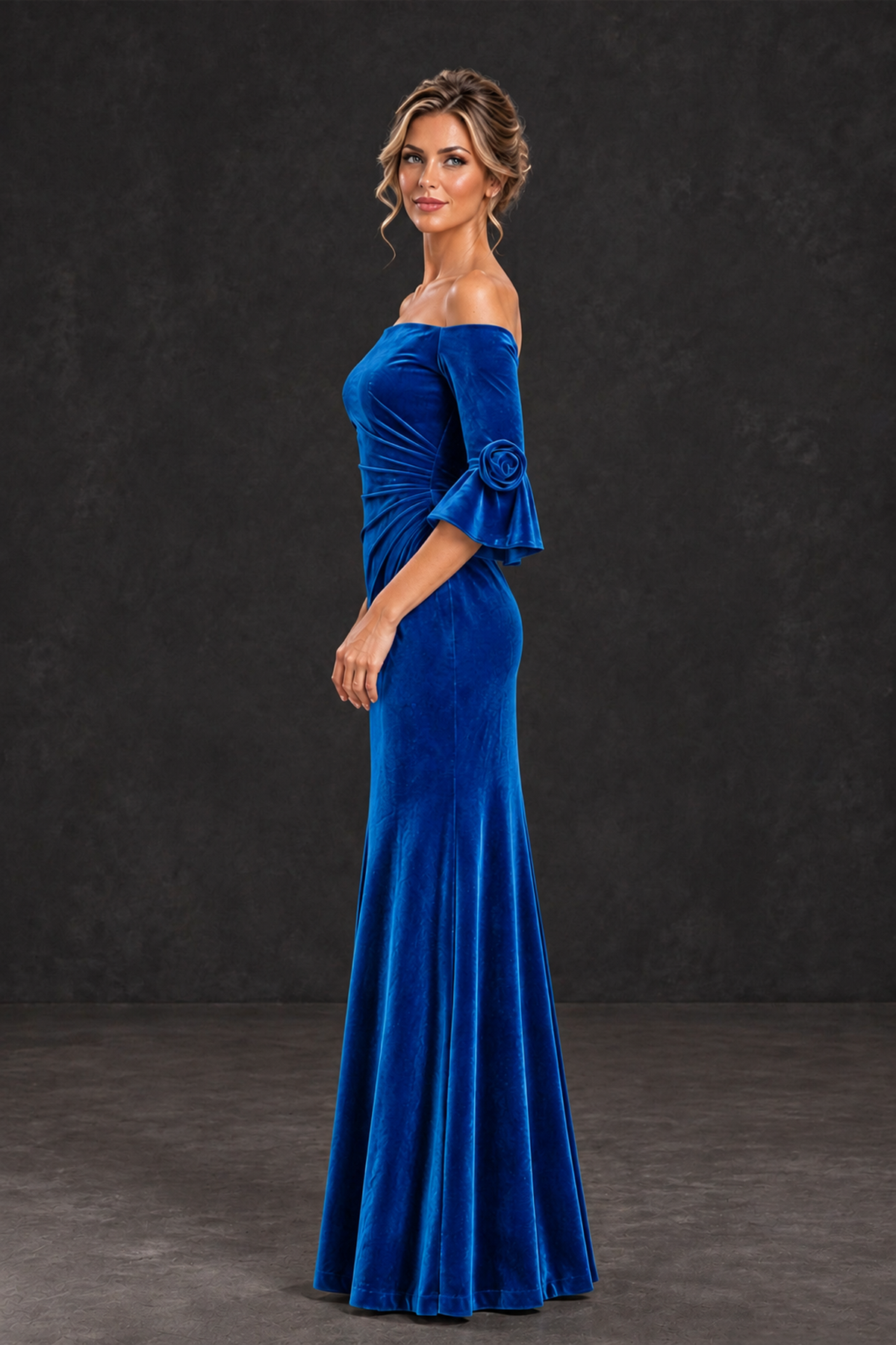 BOLODOO Blue Velvet Off-Shoulder Mother of the Bride Dress – 3/4 Floral Cuff Sleeve Mermaid Evening Gown - Blue - Blue_3