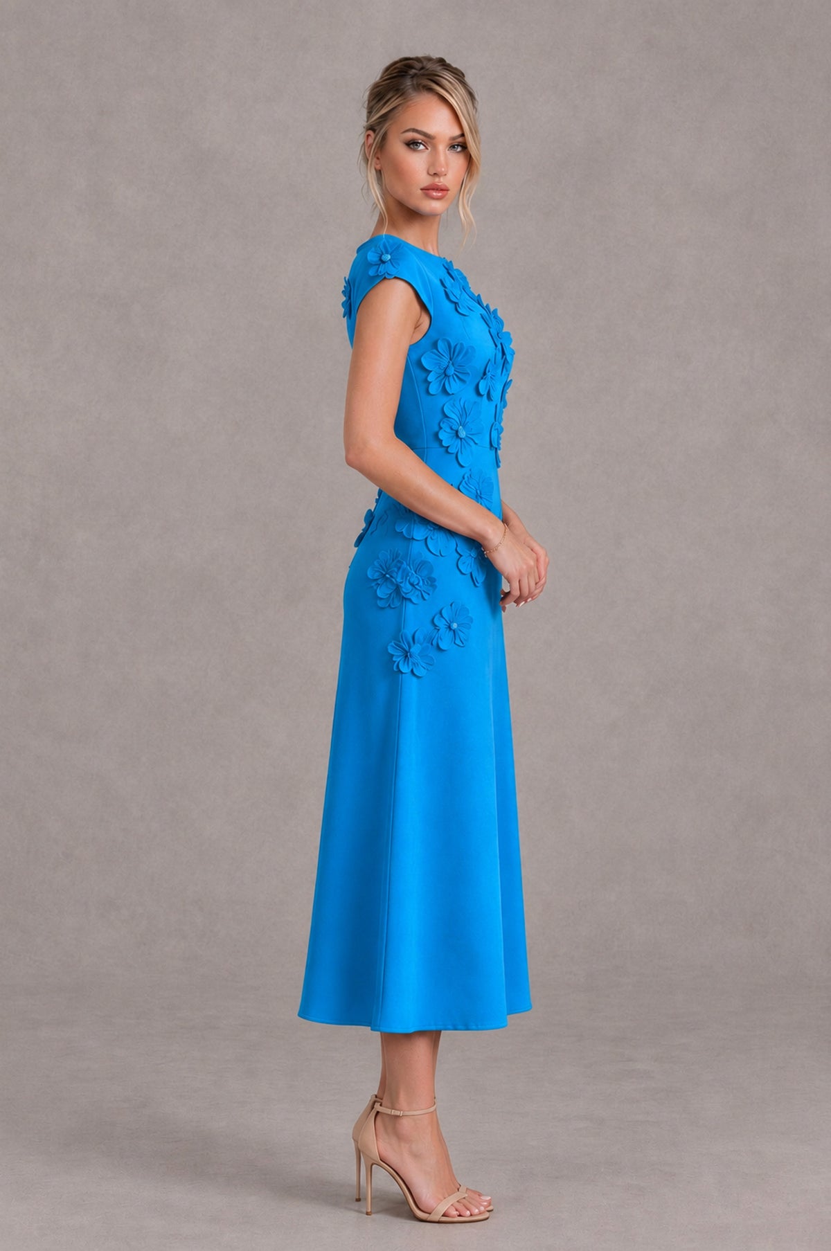 BOLODOO Blue 3D Floral Cap Sleeve Midi Cocktail Dress - Blue - Blue_3