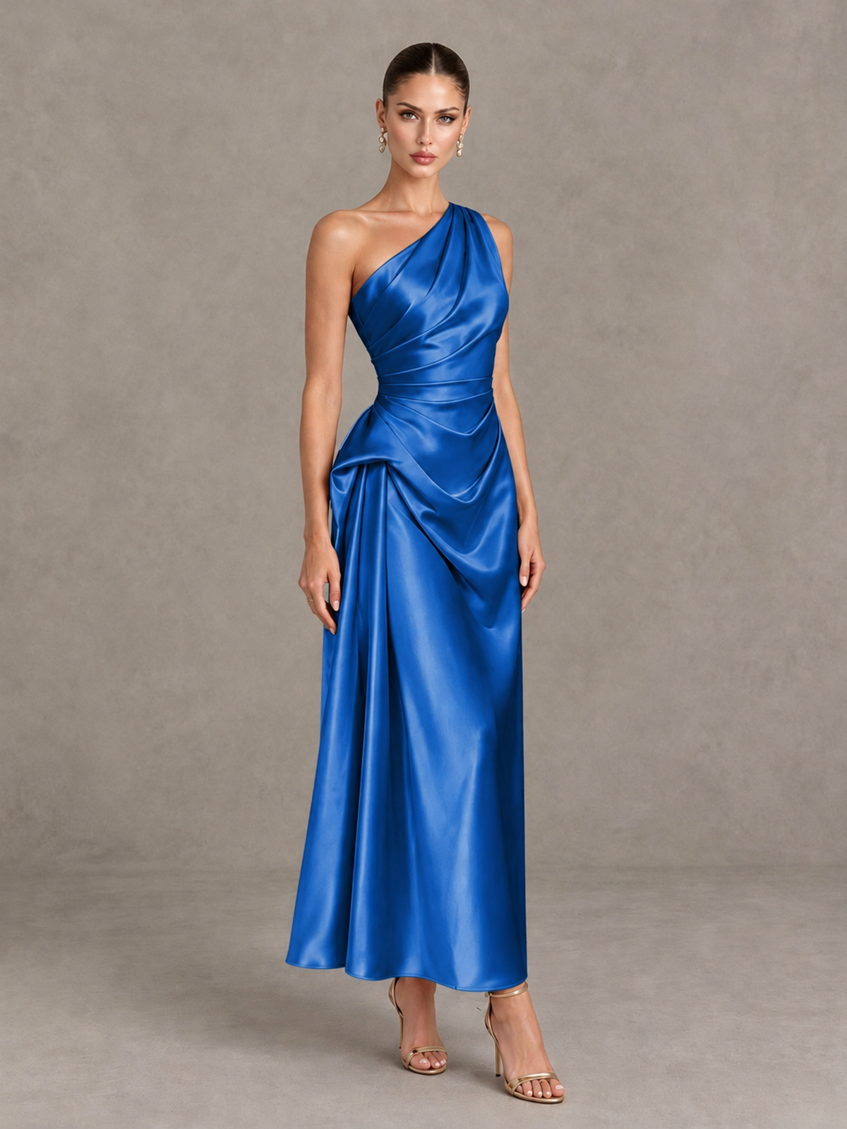 BOLODOO Blue One Shoulder Satin Cocktail Dress with Draped A-Line Skirt - Blue - Blue_3