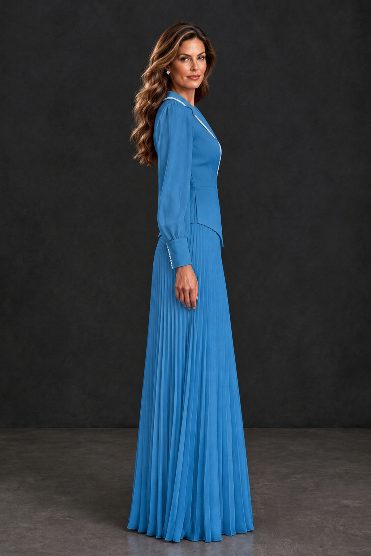 BOLODOO Blue Long Sleeve Pleated Mother of the Bride Dress - Blue - Blue_3