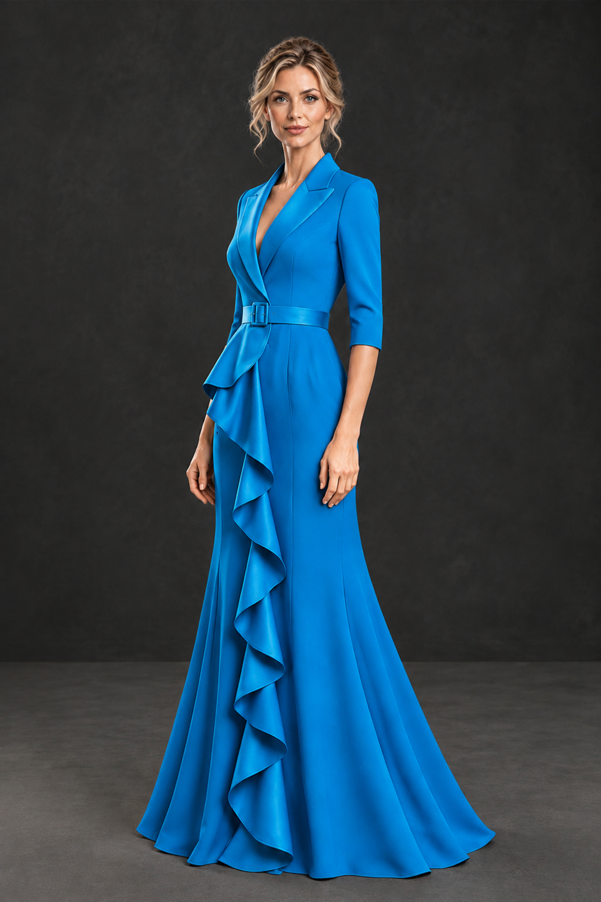 BOLODOO Blue Lapel Ruffle Mother of the Bride Dress with Belt - Blue - Blue_3