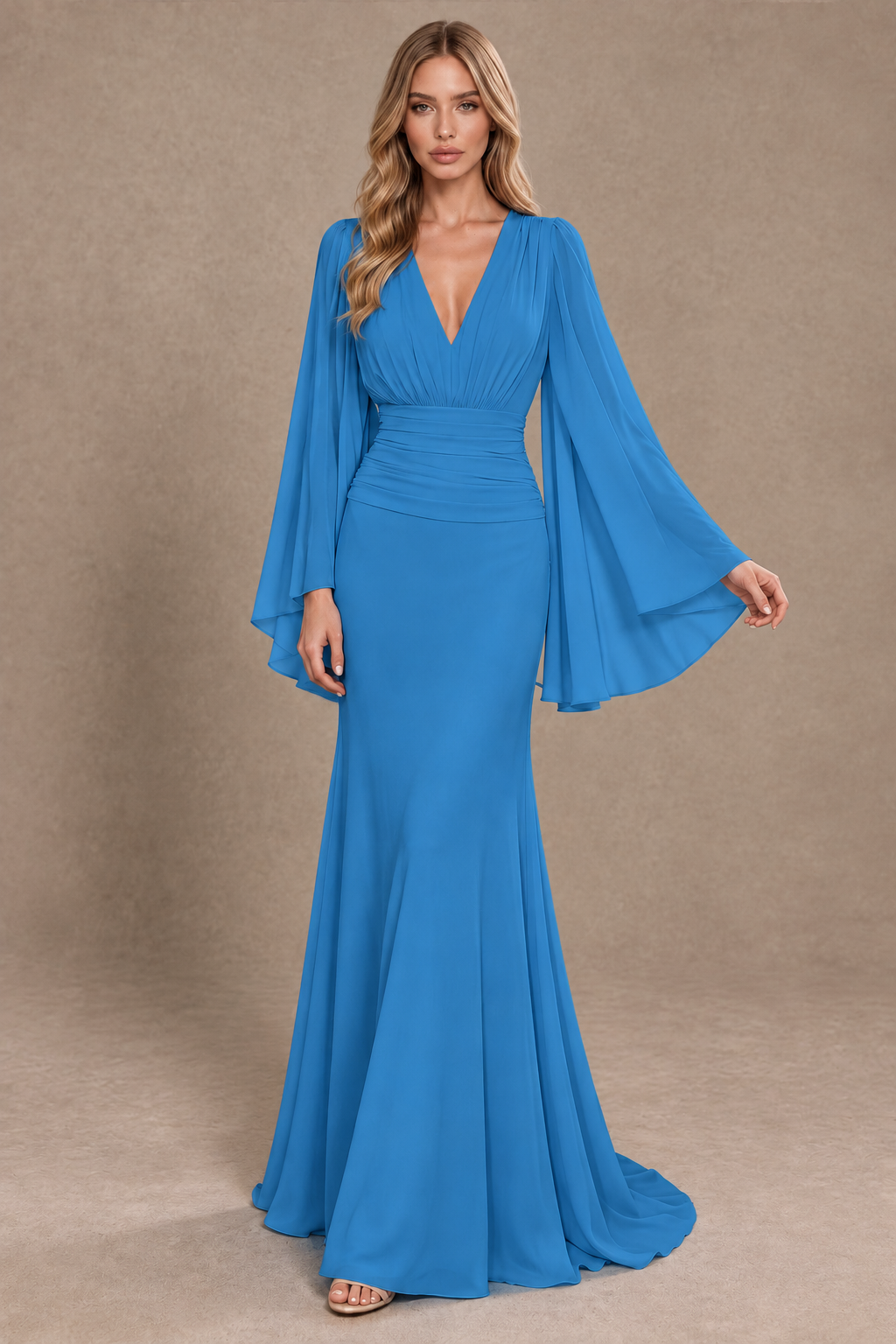 BOLODOO Blue Cape Sleeve V-Neck Ruched Chiffon Evening Dress - Blue - Blue_3