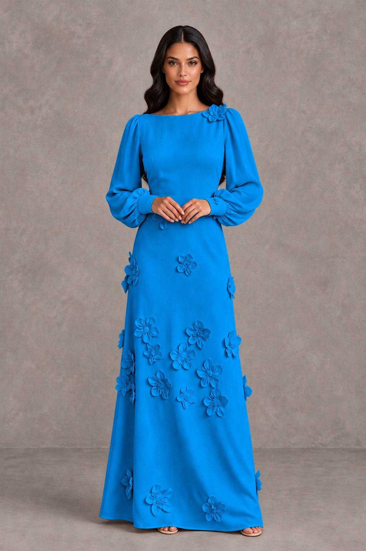BOLODOO Blue Long Sleeve Floral Applique A-Line Evening Dress - Blue - Blue_3